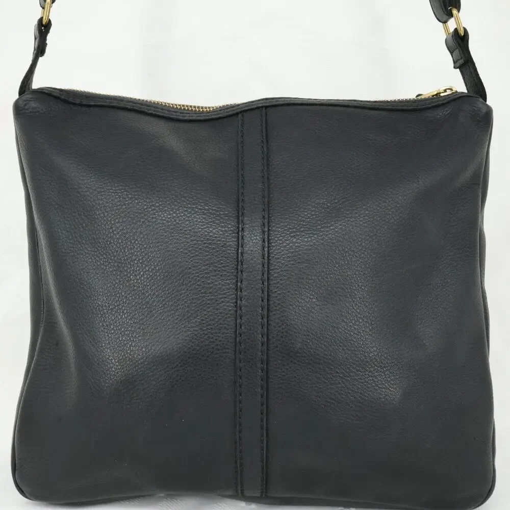 Fossil Leather Handbag Womens Black Crossbody Bag Zipper Pockets Preppy Academia